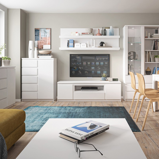 Felton Wooden Large TV Stand With 2 Doors 1 Drawer In White