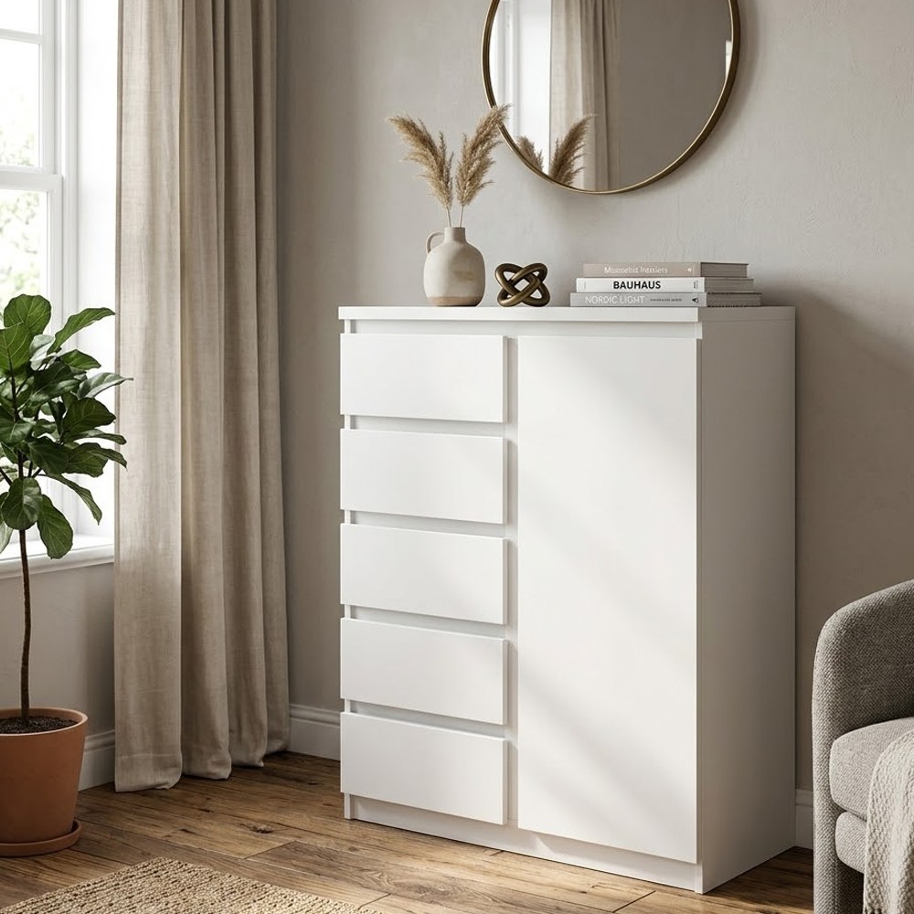 Felton Wooden Sideboard With 1 Door 5 Drawers In White