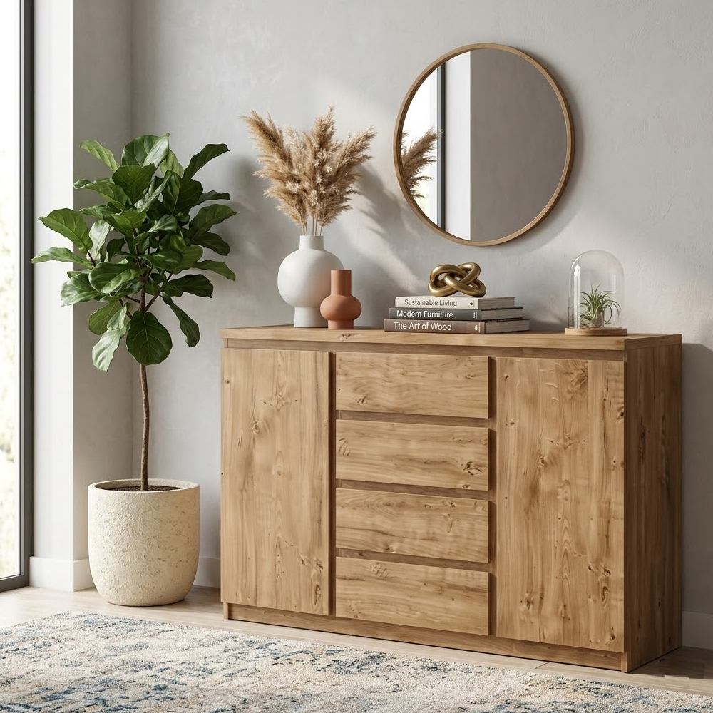 Felton Small Wooden Sideboard with 2 Doors and 4 Drawers In Oak