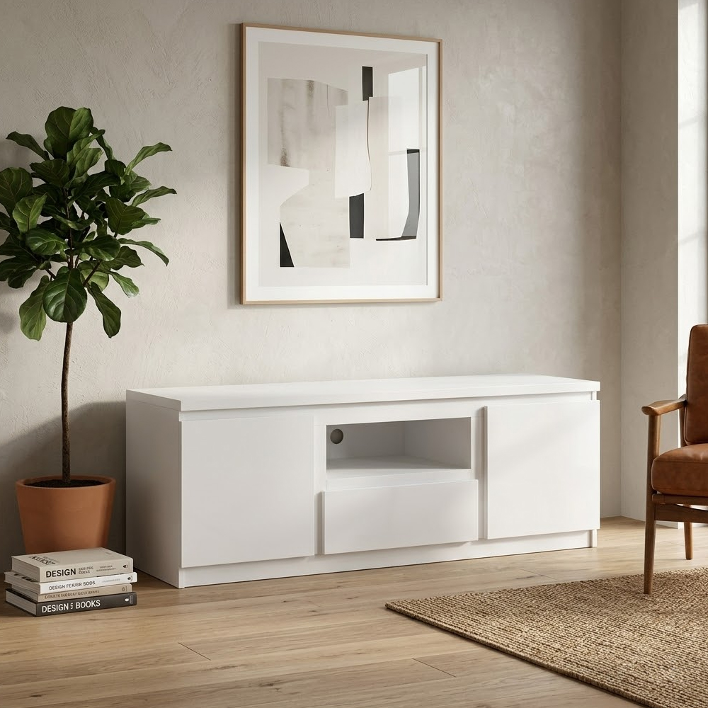 Felton Wooden Small TV Stand With 2 Doors 1 Drawer In White