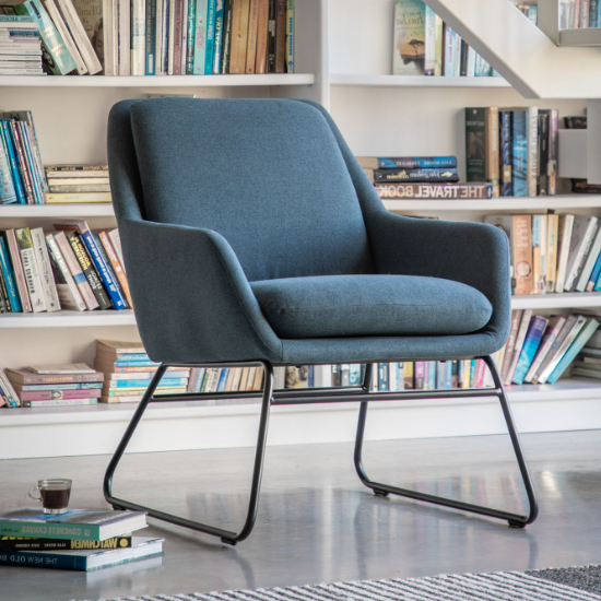 Photo of Fanton fabric bedroom chair with metal frame in midnight blue