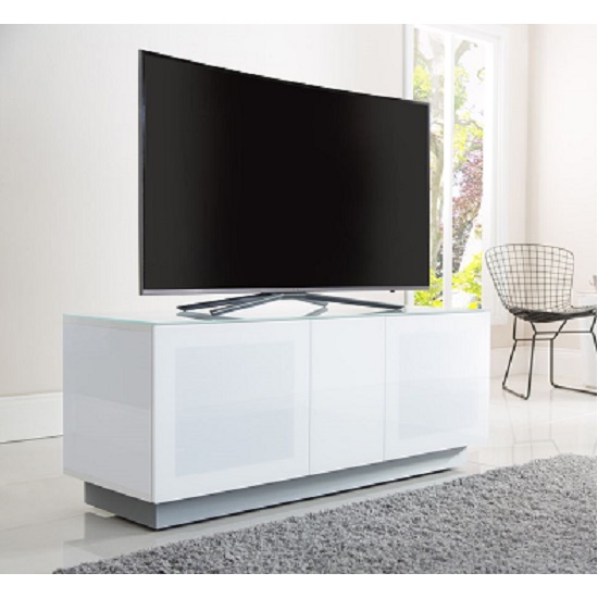 Photo of Elements glass tv stand with 2 glass doors in white