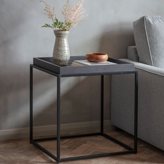 Fardon Wooden Side Table With Metal Frame In Brushed Black