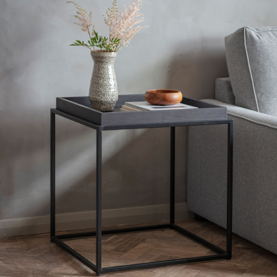 Photo of Fardon wooden side table with metal frame in brushed black