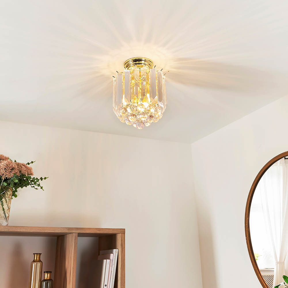 Fargo 2 Lights Crystal Droplets Flush Ceiling Light In Brass