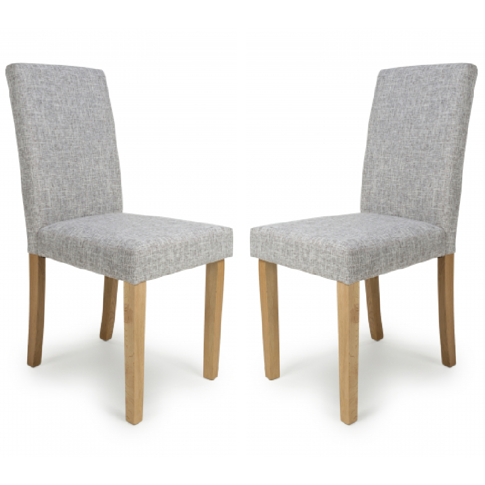 Read more about Fargo light grey fabric dining chairs with oak legs in pair