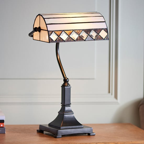 Read more about Fargo tiffany glass bankers table lamp in dark bronze
