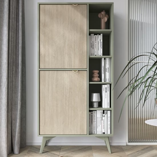 Fargo Wooden Highboard With 2 Doors 7 Shelves In Green