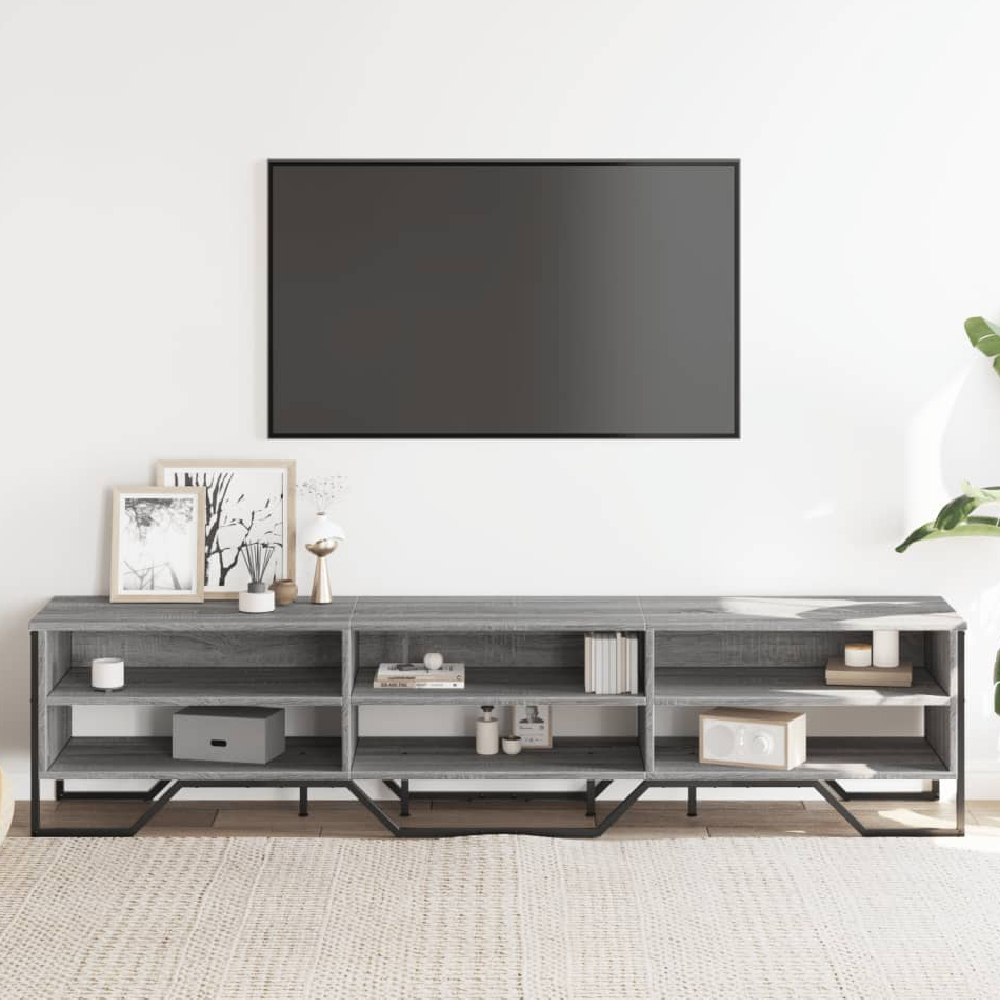 Read more about Fargo wooden tv stand with 6 shelves in grey sonoma