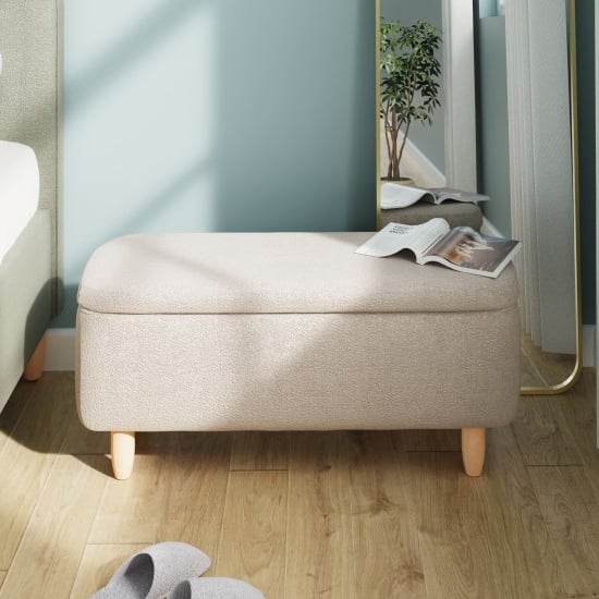 Farica Boucle Fabric Storage Hallway Bench In Natural Stone