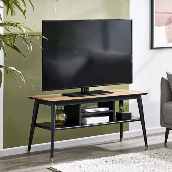 Photo of Farica wooden tv stand with shelves in walnut and black