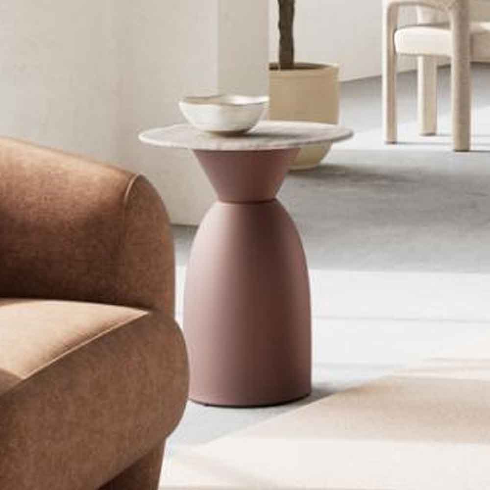 Farmville Marble Top Round Side Table With Steel Base in Brown