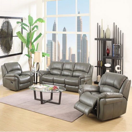 Read more about Farnham leather 3 seater sofa and 2 armchairs suite in grey