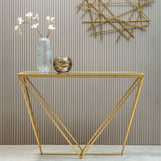 Photo of Farota mirrored glass console table with gold triangular frame