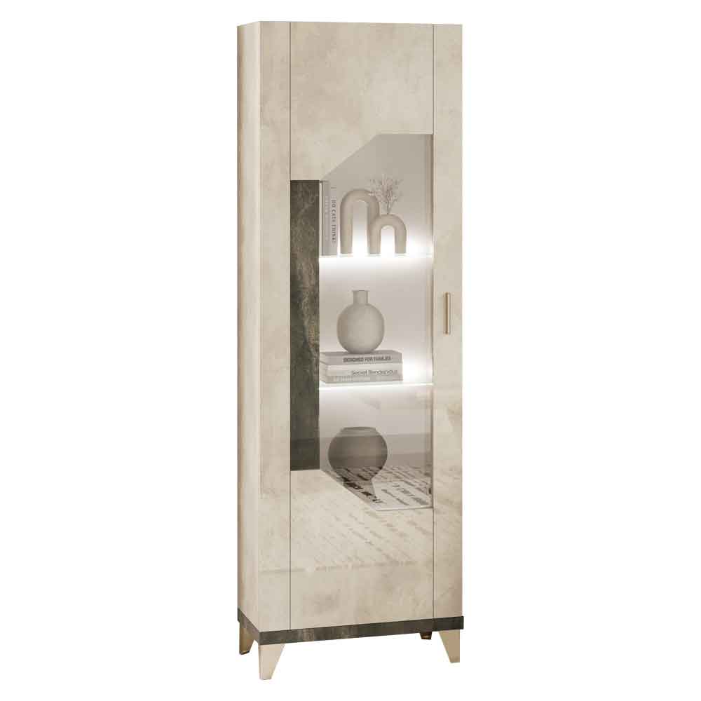 Fabio High Gloss Display Cabinet with 1 Door in Warm Grey Marble Effect and LED