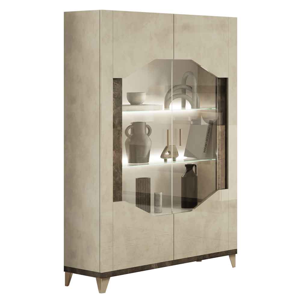 Fabio High Gloss Display Cabinet with 2 Doors in Warm Grey Marble Effect and LED