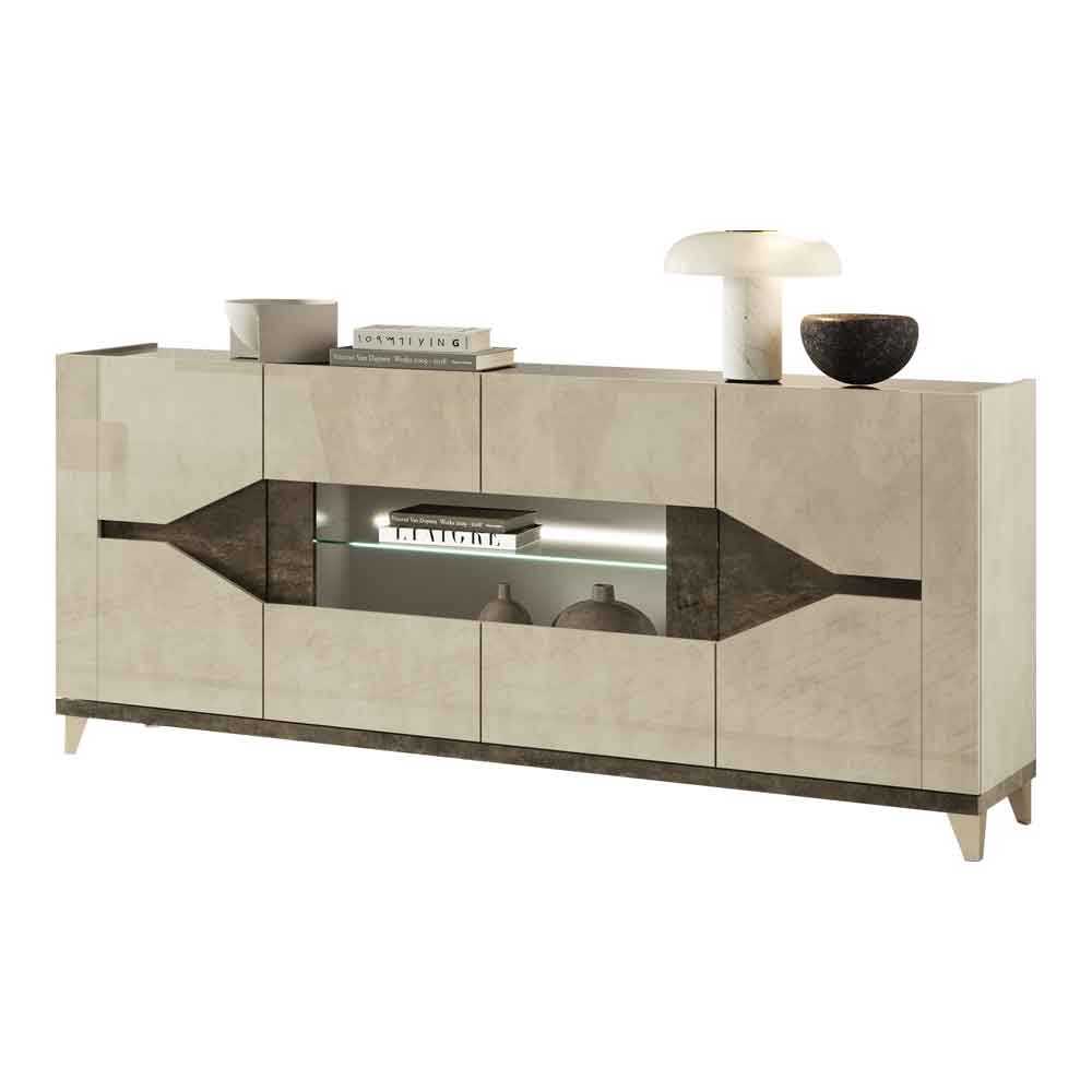 Fabio High Gloss Sideboard with 4 Doors in Warm Grey Marble Effect and LED