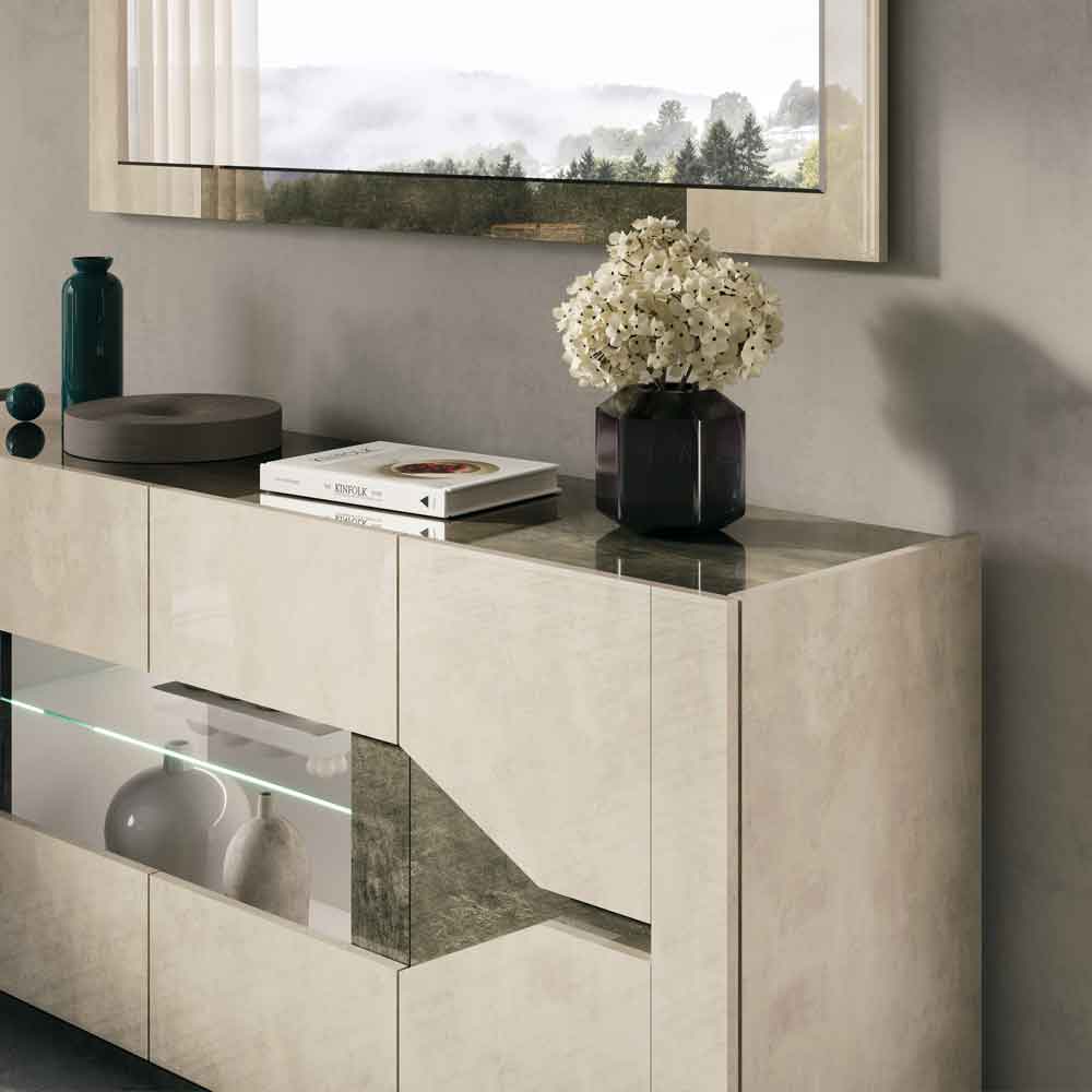 Fabio High Gloss Sideboard with 4 Doors in Warm Grey Marble Effect and LED