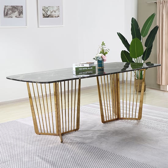 Fastro Black Marble Dining Table With Gold Stainless Steel Legs