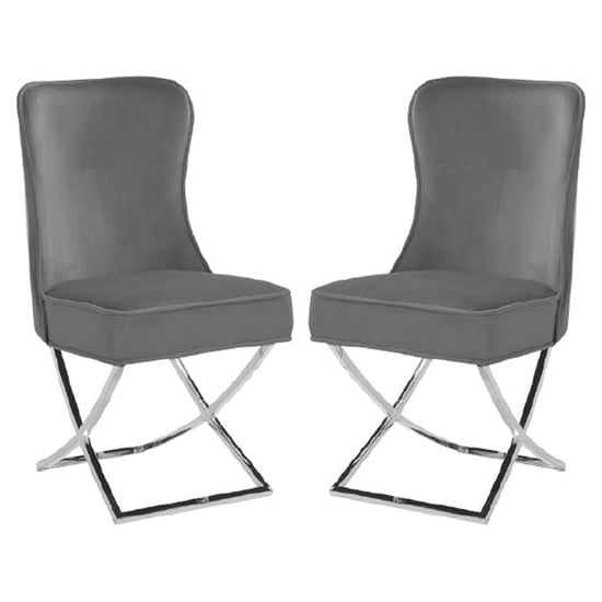 Fatin Dark Grey Velvet Dining Chairs With Chrome Legs In Pair