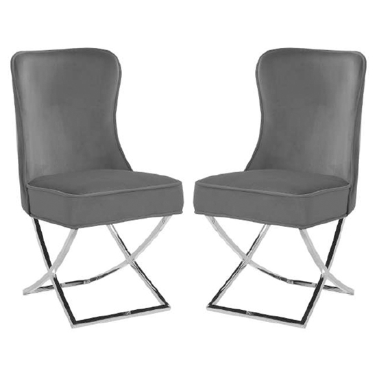 Fatin Dark Grey Velvet Dining Chairs With Chrome Legs In Pair