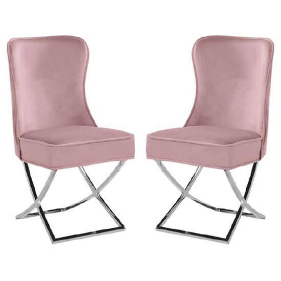 Product photograph of Fatin Pink Velvet Dining Chairs With Chrome Legs In Pair from Furniture in Fashion