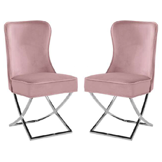 Fatin Pink Velvet Dining Chairs With Chrome Legs In Pair