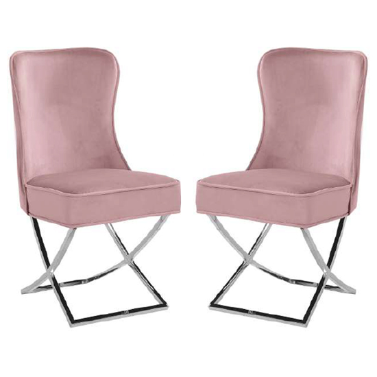 Product photograph of Fatin Pink Velvet Dining Chairs With Chrome Legs In Pair from Furniture in Fashion