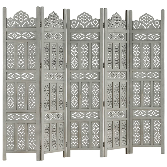 Fauci Mango Wood 5 Panels 200cm x 165cm Room Divider In Grey