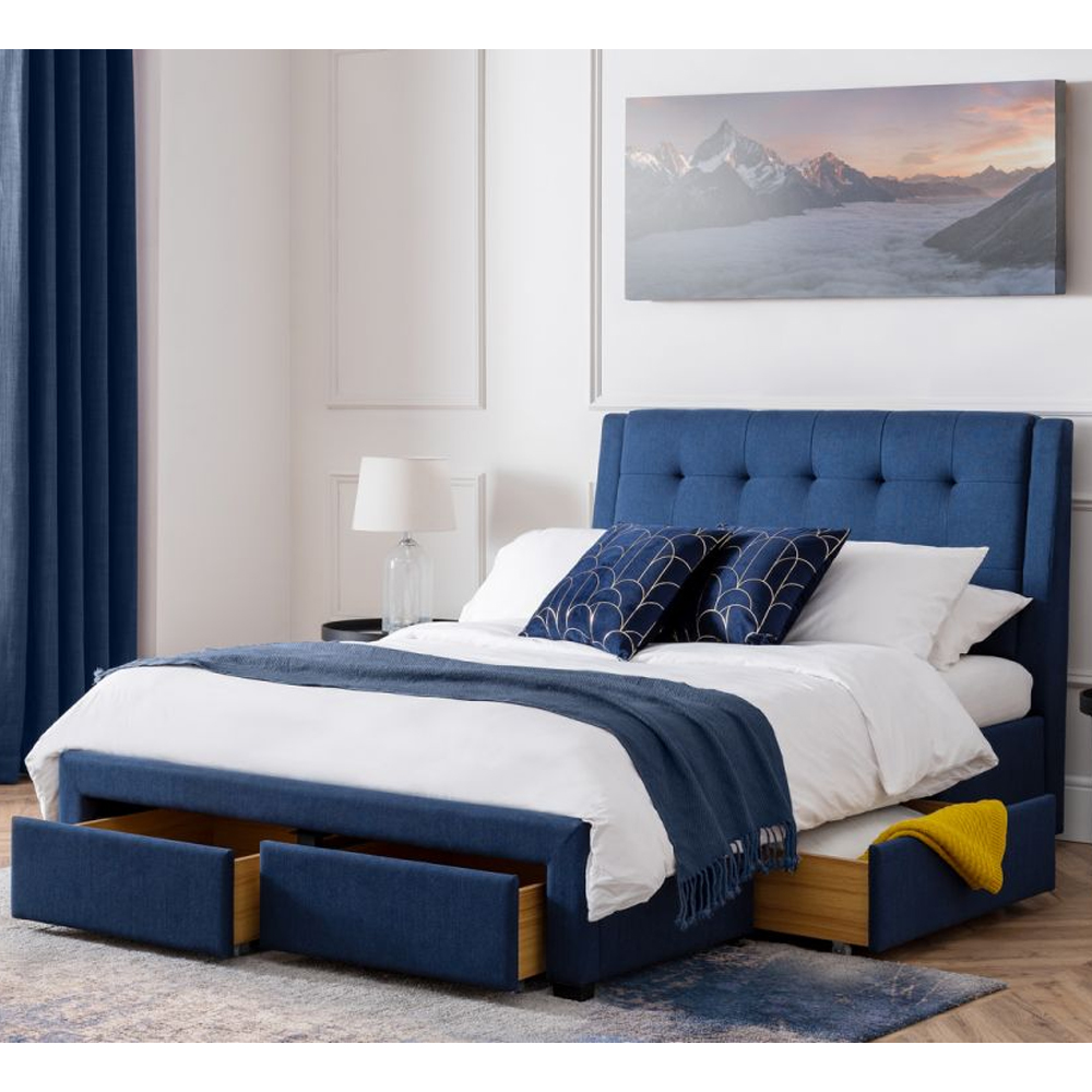 Fauna Fabric Super King Size Bed With 4 Drawers In Blue