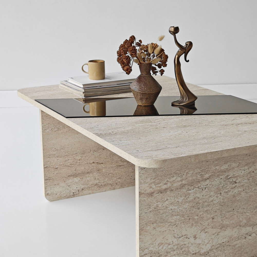 Favourite Wooden Coffee Table in Bronze and Travertine Marble Effect
