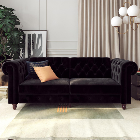 Fritton Chesterfield Velvet Upholstered Sofa Bed In Black_3