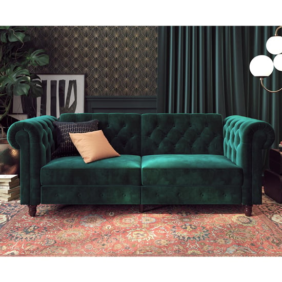 Fritton Chesterfield Velvet Upholstered Sofa Bed In Green_3