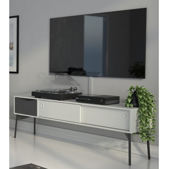 Product photograph of Felton 2 Sliding Doors And 1 Drawer Tv Stand In Grey And White from Furniture in Fashion