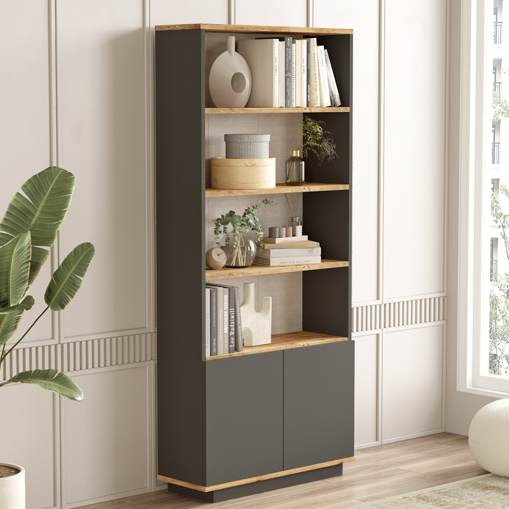 Felyn Wooden Bookcase with 2 Doors 4 Shelves in Atlantic Pine and Anthracite