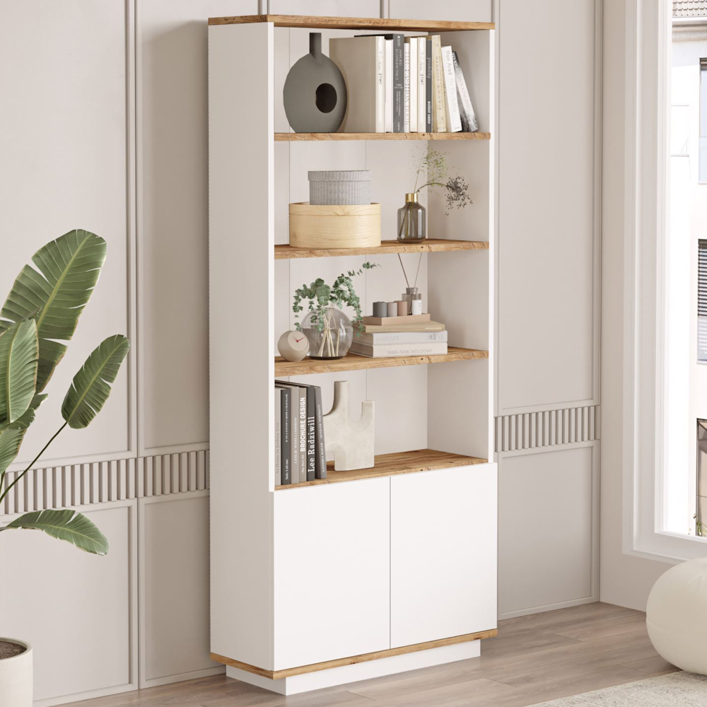 Felyn Wooden Bookcase with 2 Doors 4 Shelves in Atlantic Pine and White