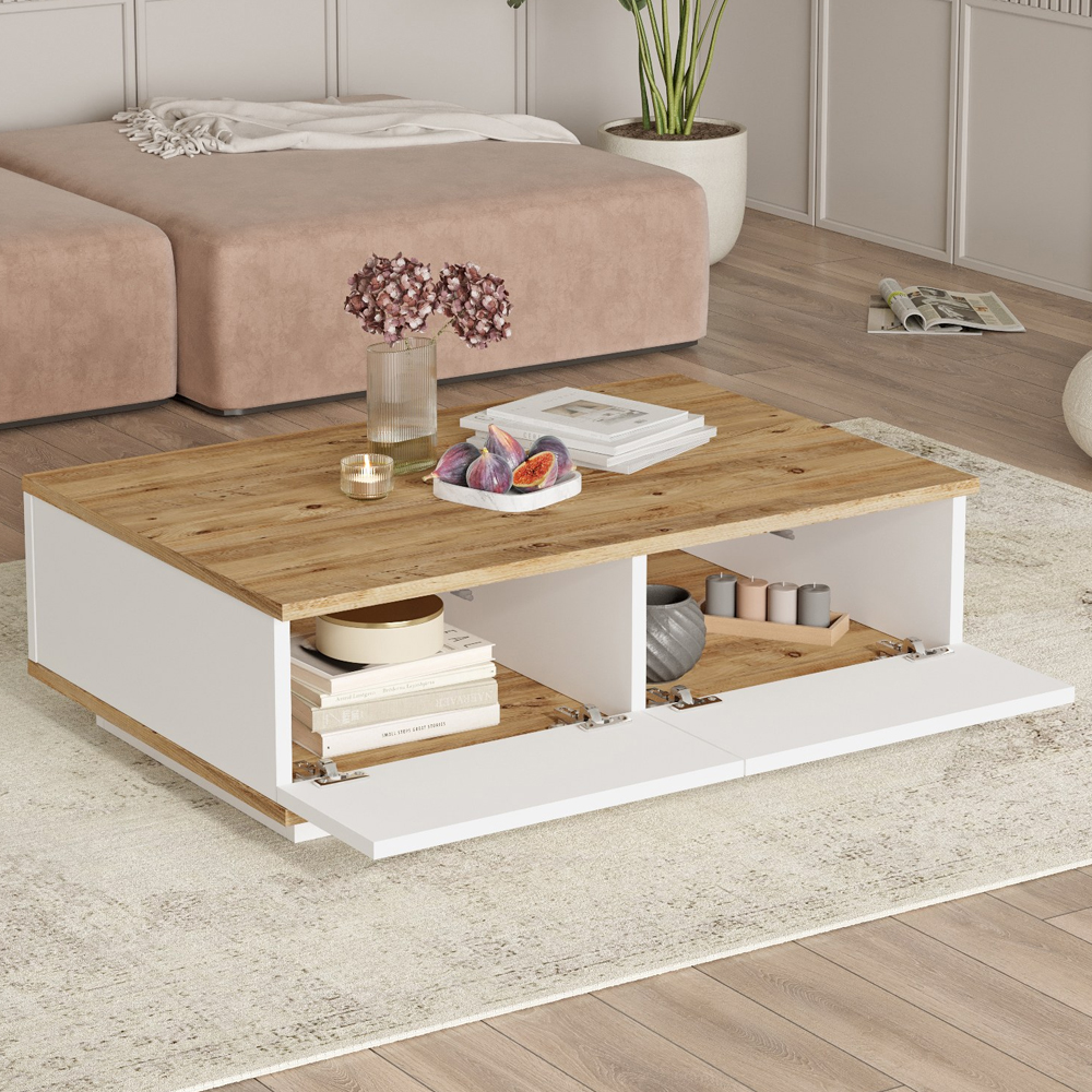 Felyn Wooden Coffee Table with 2 Flap Doors in Atlantic Pine and White