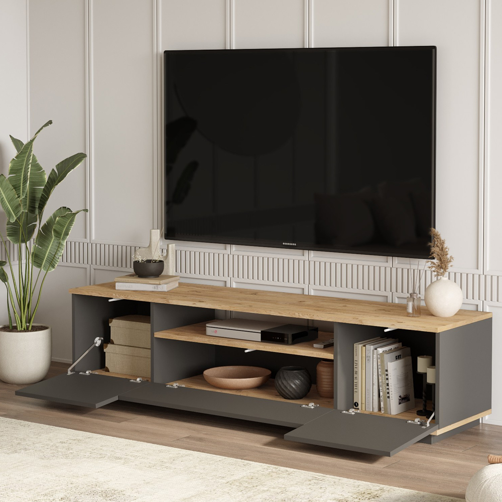 Felyn Wooden TV Stand with 3 Flap Doors in Atlantic Pine and Anthracite