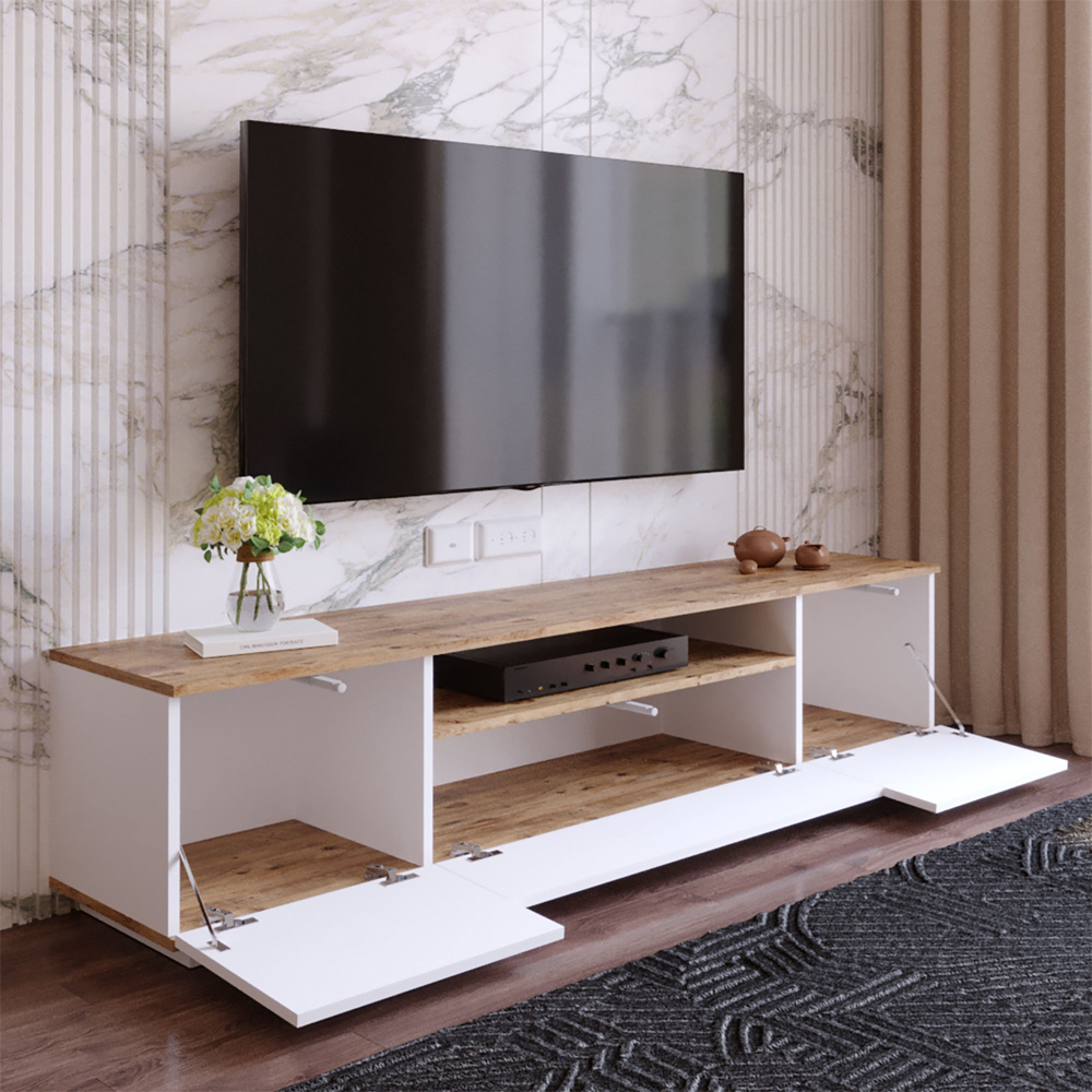 Felyn Wooden TV Stand with 3 Flap Doors in Atlantic Pine and White