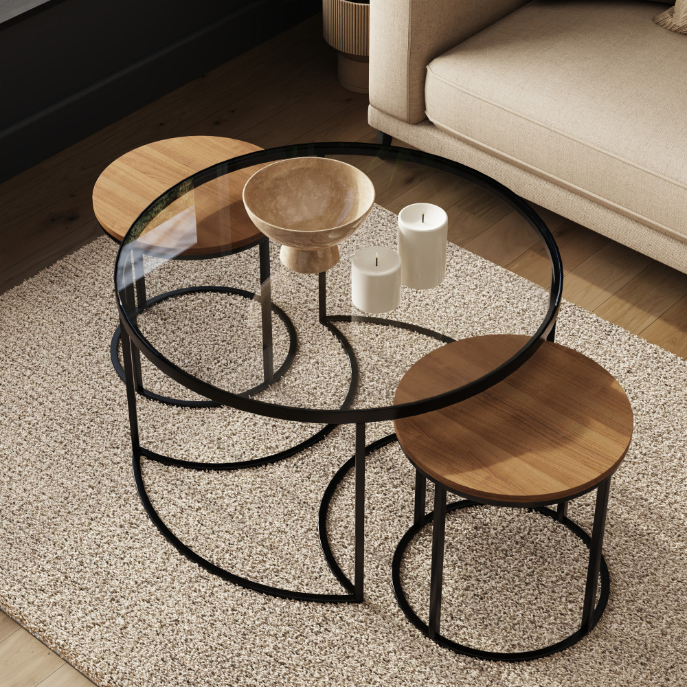 Fenaro Wooden Nesting 3 Tables with Clear Glass Top in Oak