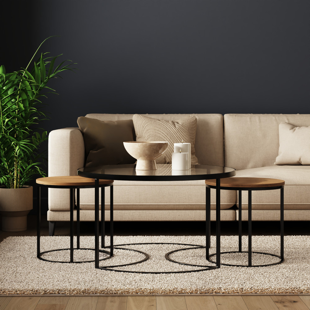 Fenaro Wooden Nesting 3 Tables with Clear Glass Top in Oak