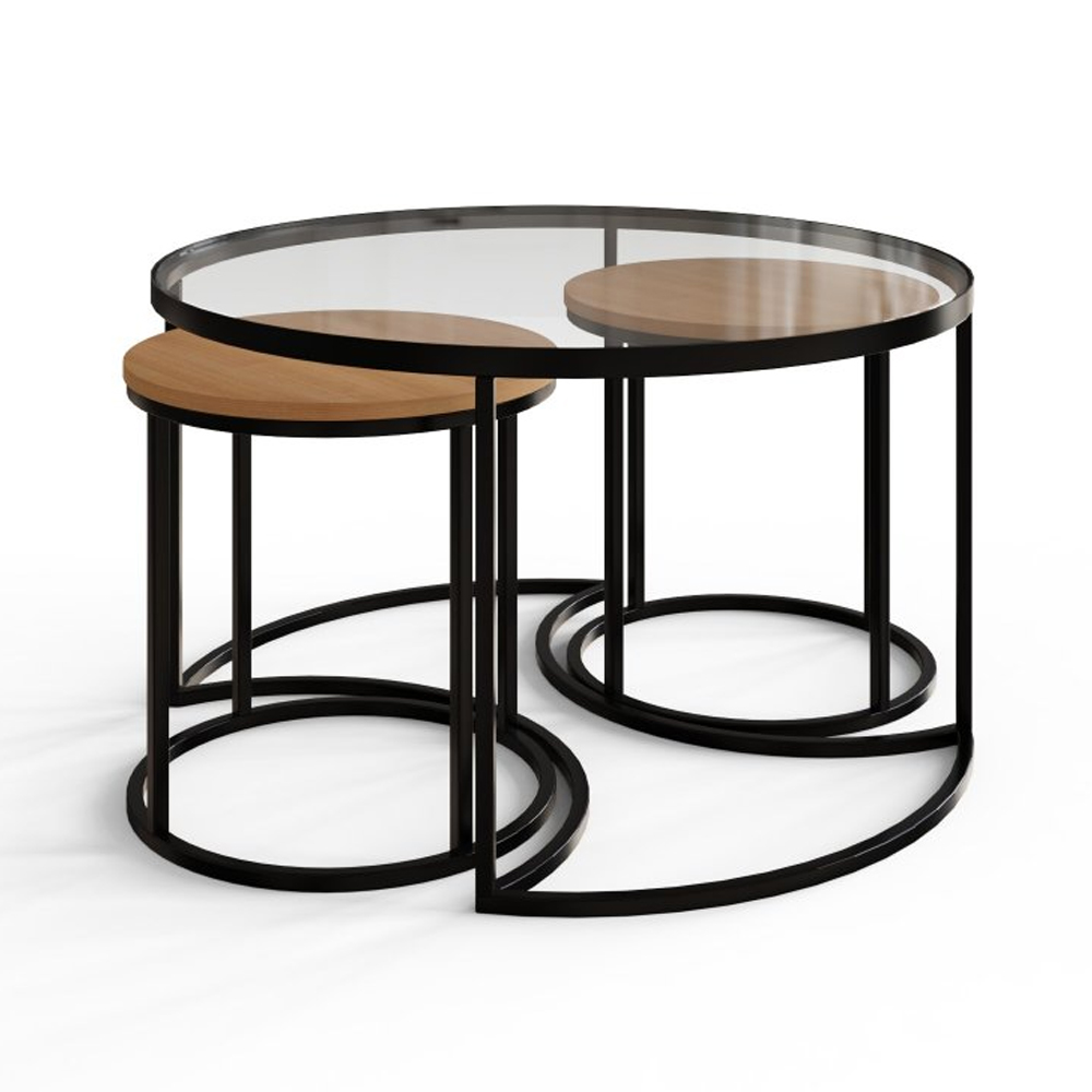 Fenaro Wooden Nesting 3 Tables with Clear Glass Top in Oak
