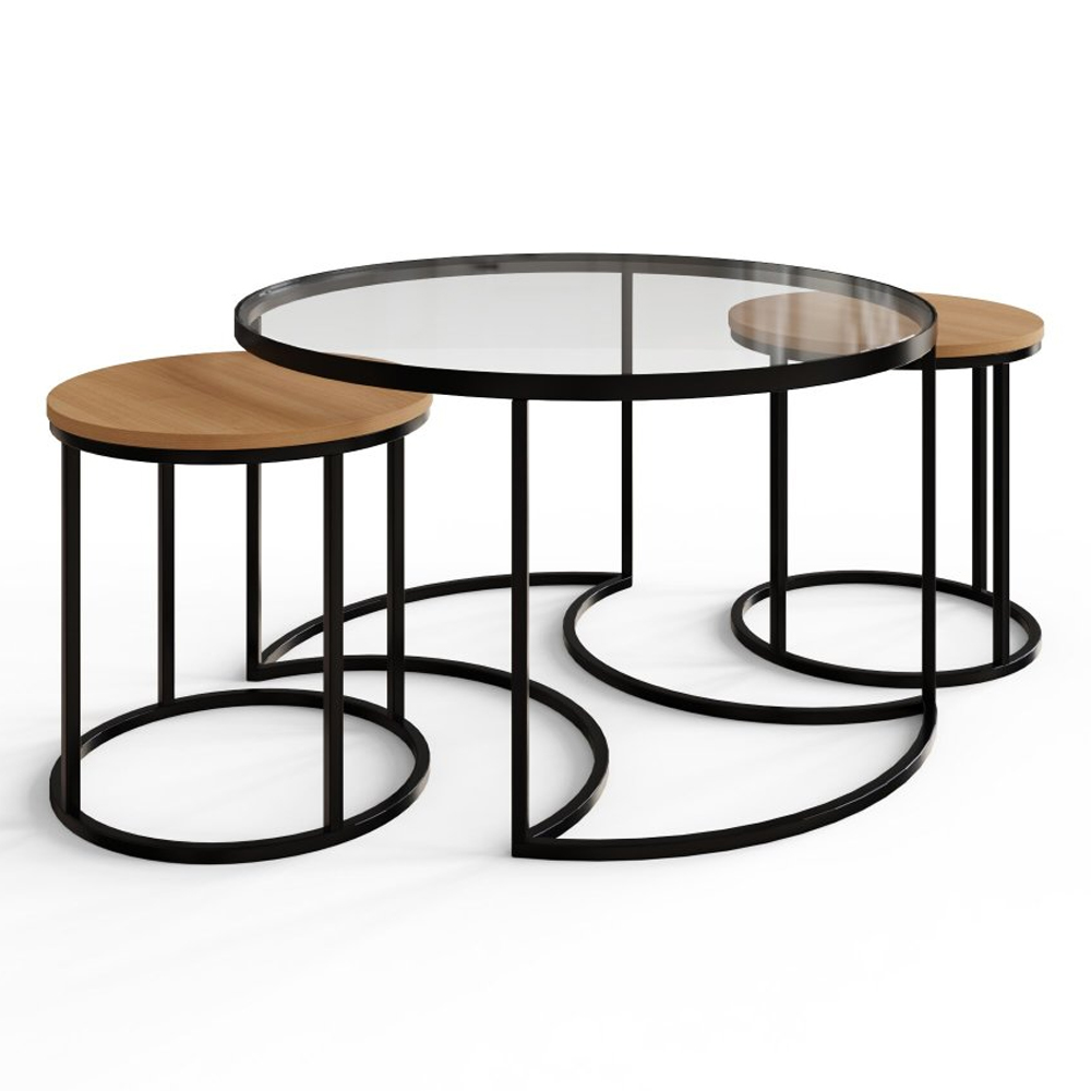 Fenaro Wooden Nesting 3 Tables with Clear Glass Top in Oak