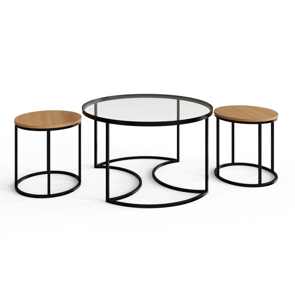 Fenaro Wooden Nesting 3 Tables with Clear Glass Top in Oak