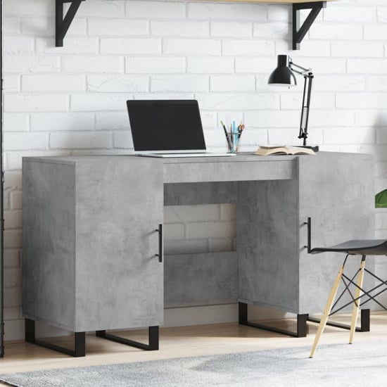 Fenland Wooden Laptop Desk With 2 Doors In Concrete Grey
