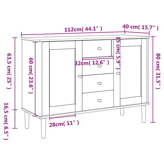 Fenland Wooden Sideboard With 2 Doors 4 Drawers In White
