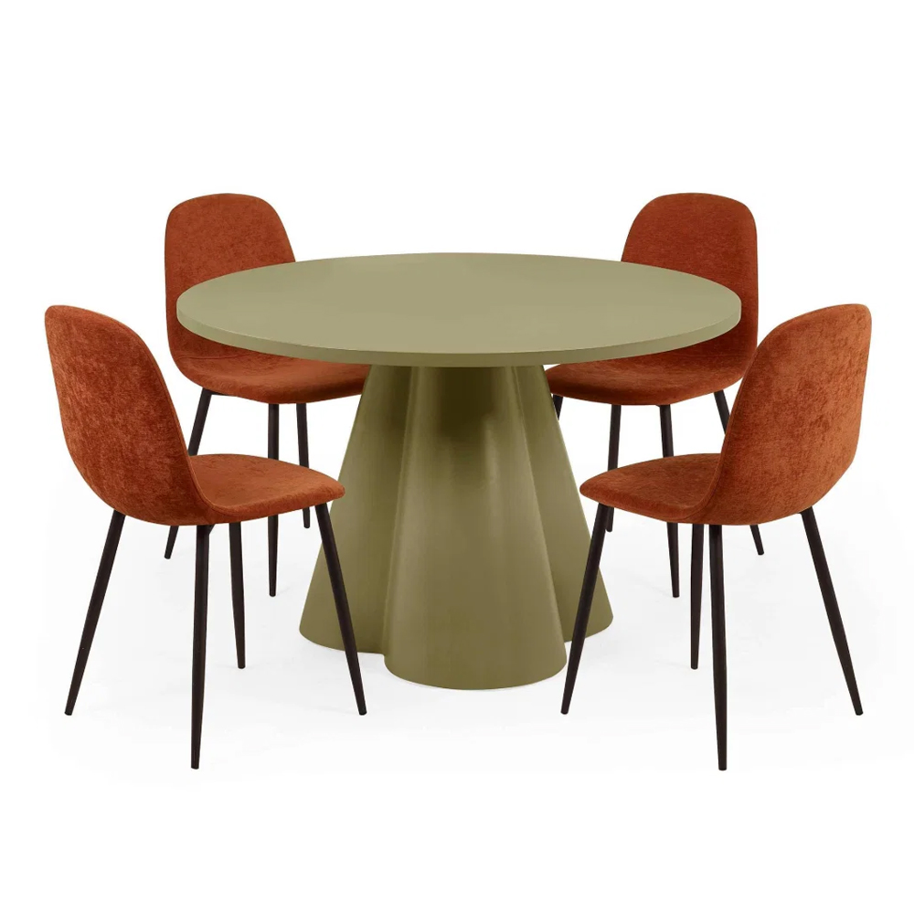 Fenlora Round Green Wooden Dining Table with 4 Keno Terracotta Fabric Chairs
