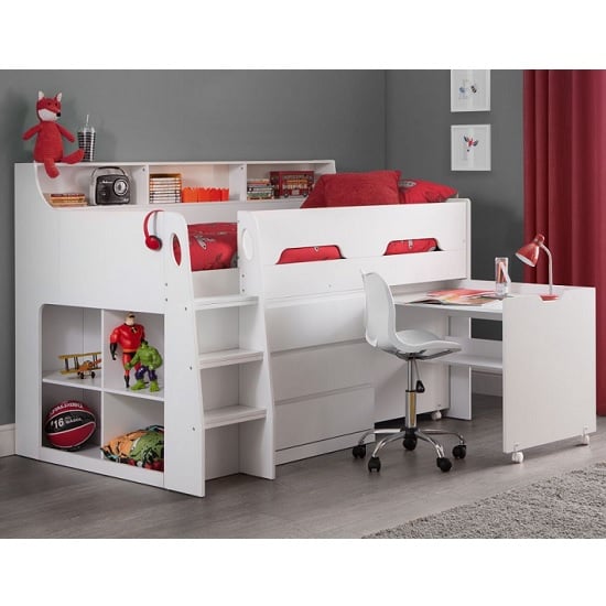 Product photograph of Jadiel Midsleeper Children Bed In White With Storage And Desk from Furniture in Fashion