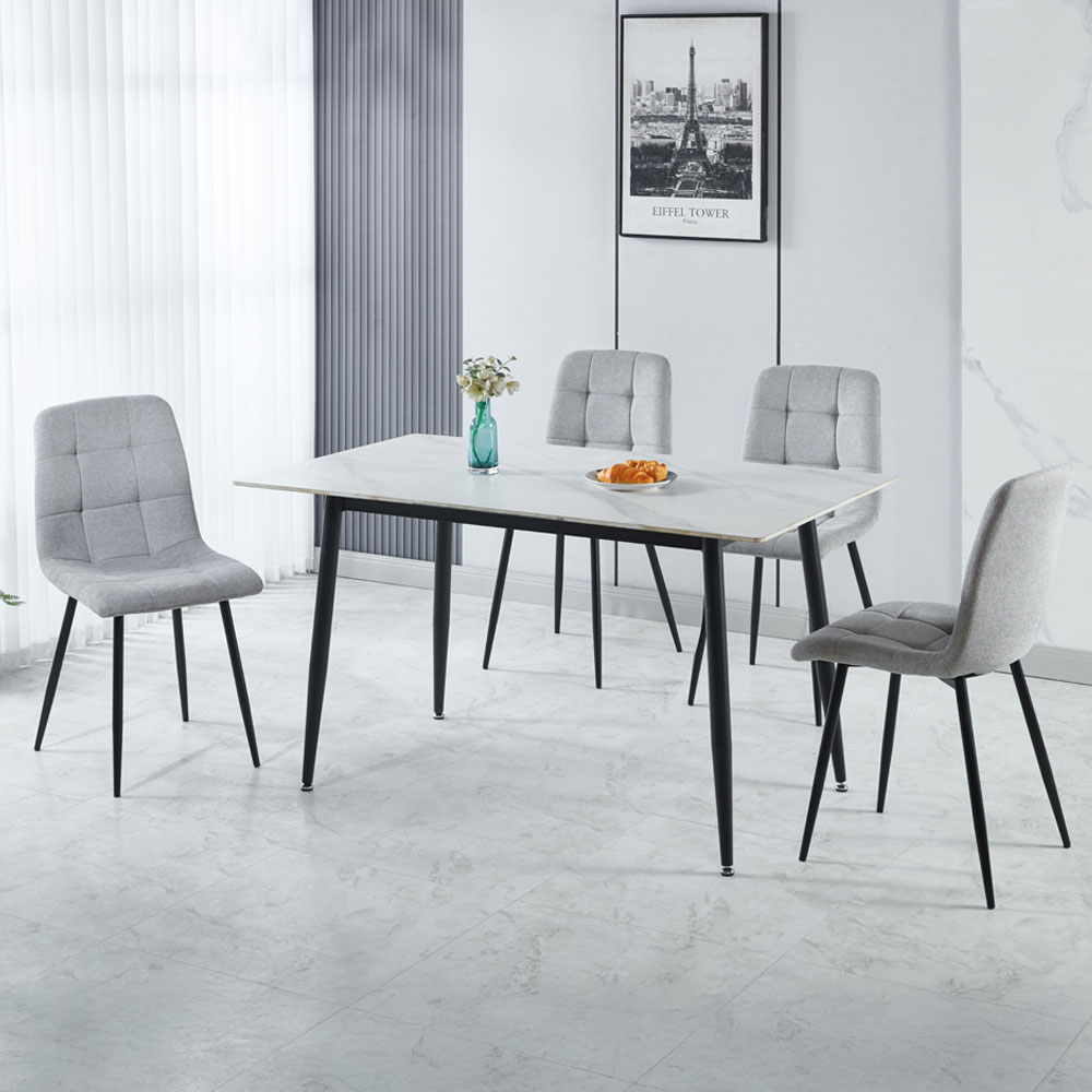 Fenvio White Marble Stone Effect Dining Table with 4 Light Grey Chairs