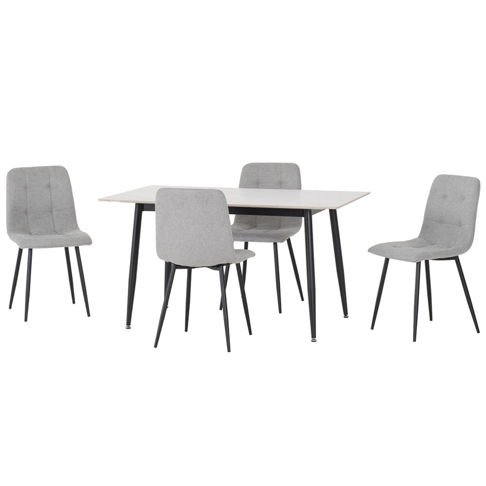 Fenvio White Marble Stone Effect Dining Table with 4 Light Grey Chairs